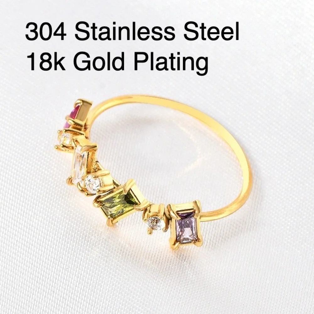 18k‎ Gold Plated Stainless Steel Multicolor CZ Ring Rainbow Dainty Size 6